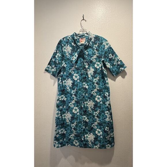 Vintage Sears Hawaiian Fashions Size 12 Blue Floral Print Dress Short Sleeve VTG - Picture 1 of 13
